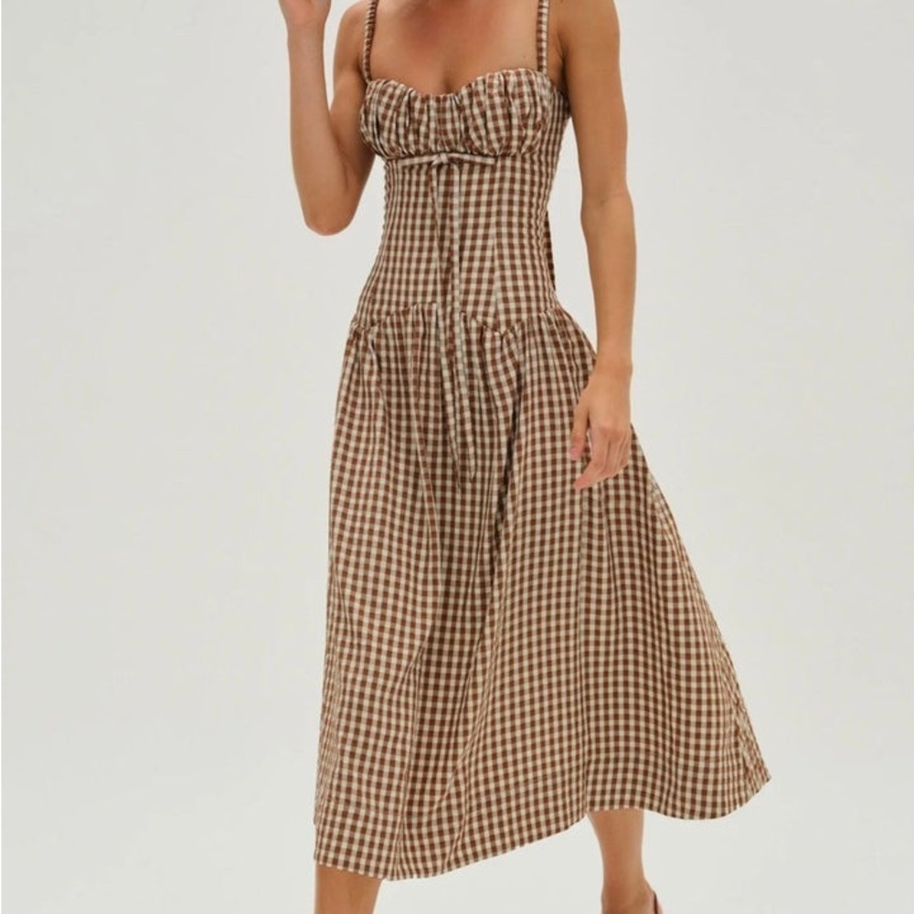 NWT For Love & Lemons Gingerbread Gingham Midi Dress in Brown
